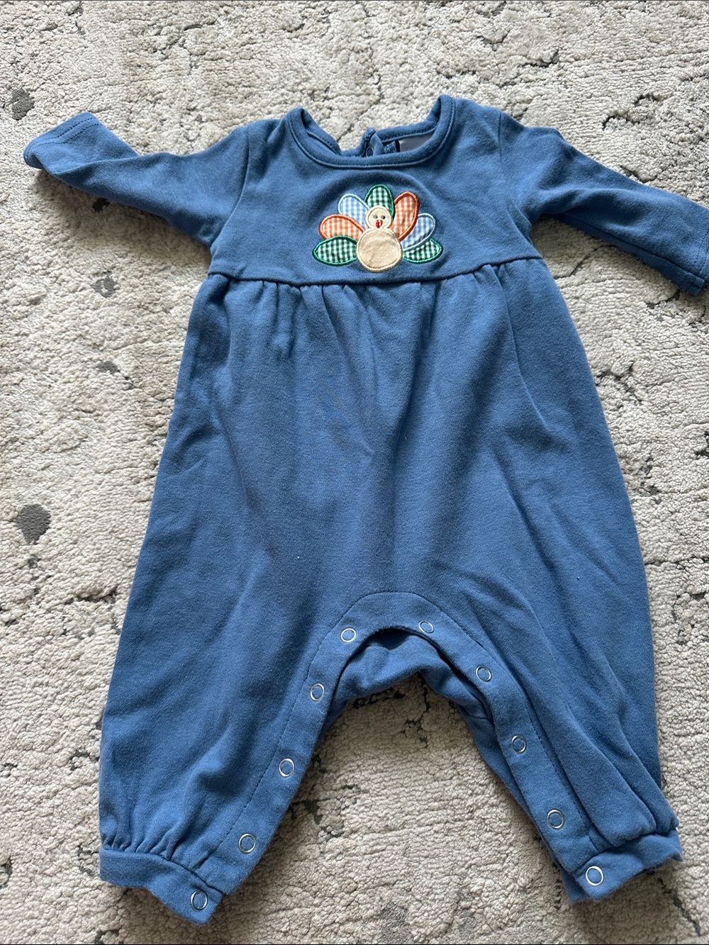 Blue Baby Long-Sleeve One-Piece Bodysuit with‎ Turkey Appliqué